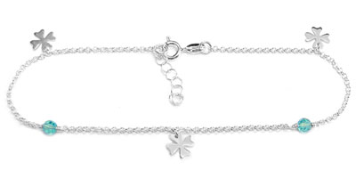 Silver anklet with four leaf clover charms