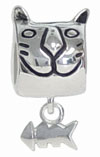 wholesale Cat with dangle fish sterling silver bead for Pandora silver jewelry and Murano jewellery